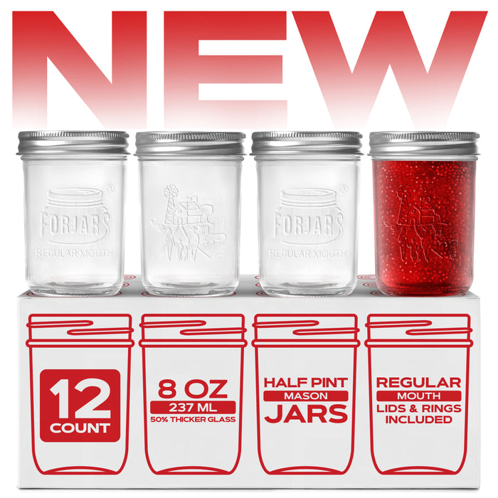 FORJARS® Premium Mason Jars – 8 oz (12-Pack) | Regular Mouth Glass Canning Jars