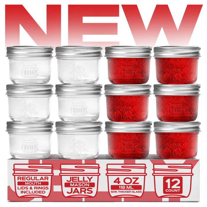 FORJARS® Premium Mason Jars – 4 oz (12-Pack) | Regular Mouth Glass Canning Jars