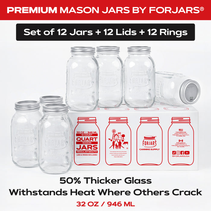 FORJARS® Premium Mason Jars – 32 oz (12-Pack) | Regular Mouth Glass Canning Jars