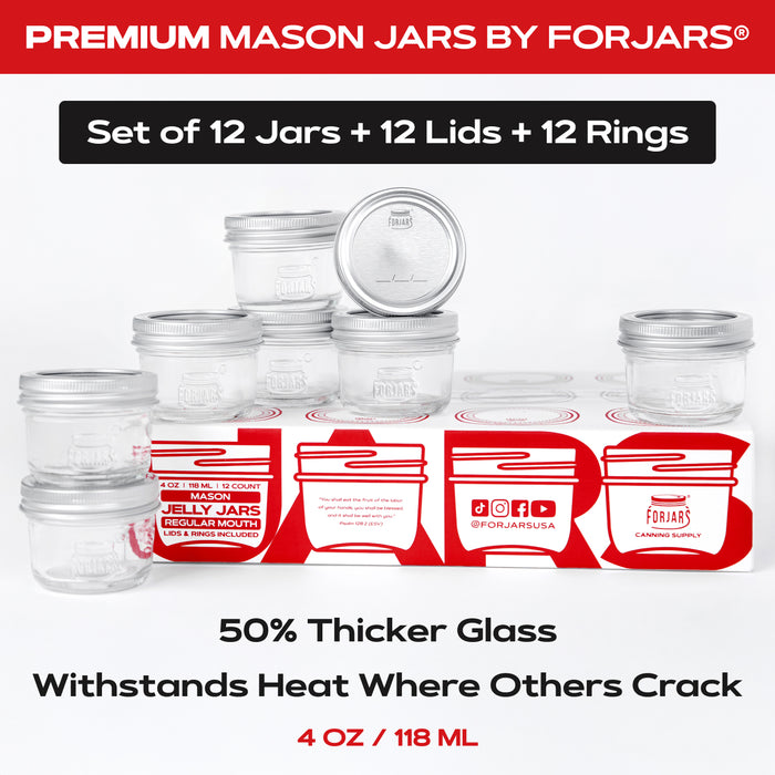 FORJARS® Premium Mason Jars – 4 oz (12-Pack) | Regular Mouth Glass Canning Jars