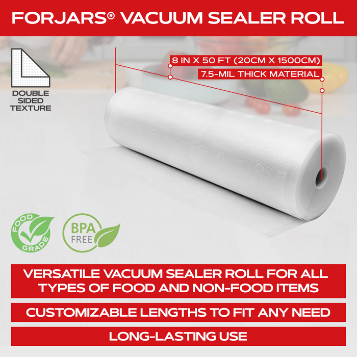 Forjars®  Vacuum Sealer Roll (8-inch) - Textured on Both Sides, 7.5 Mil Thickness