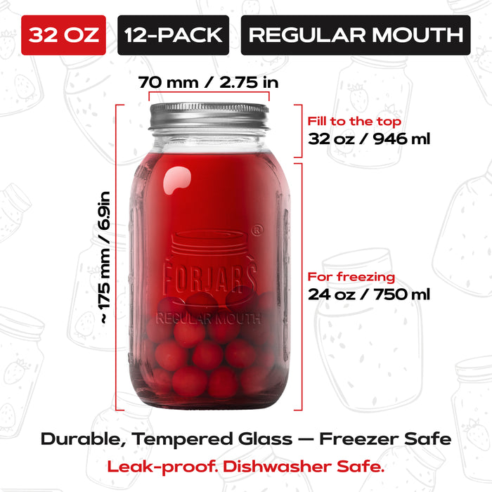 FORJARS® Premium Mason Jars – 32 oz (12-Pack) | Regular Mouth Glass Canning Jars
