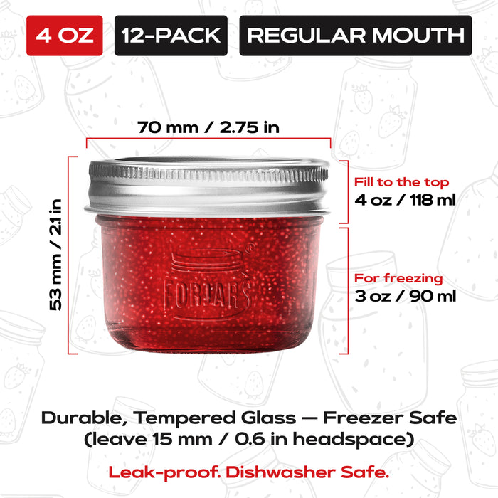 FORJARS® Premium Mason Jars – 4 oz (12-Pack) | Regular Mouth Glass Canning Jars