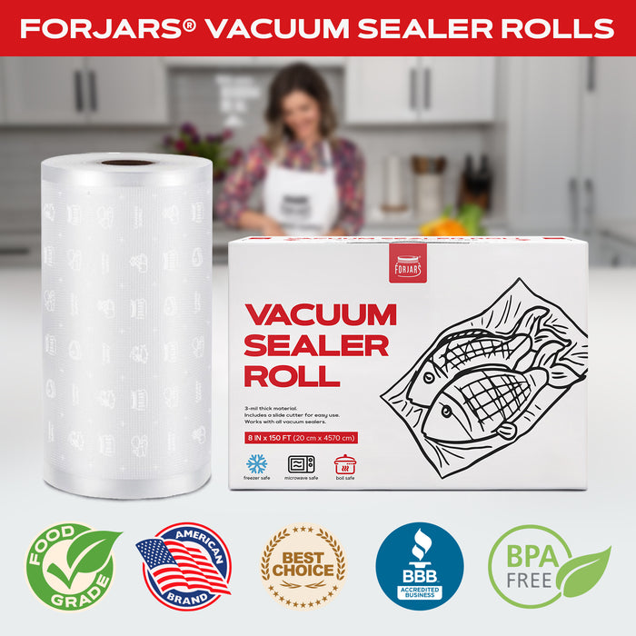 Forjars® Vacuum Sealer Roll - 8 in x 150 ft, Textured on Both Sides, 7.5 Mil Thickness