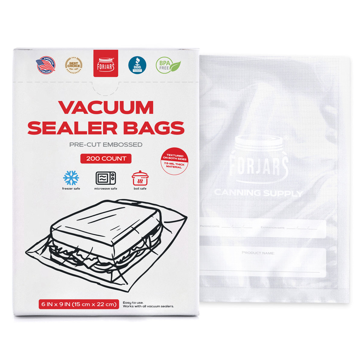 200 Count 6x9 Vacuum Sealer Bags - Textured on Both Sides, 7.5 Mil Thickness