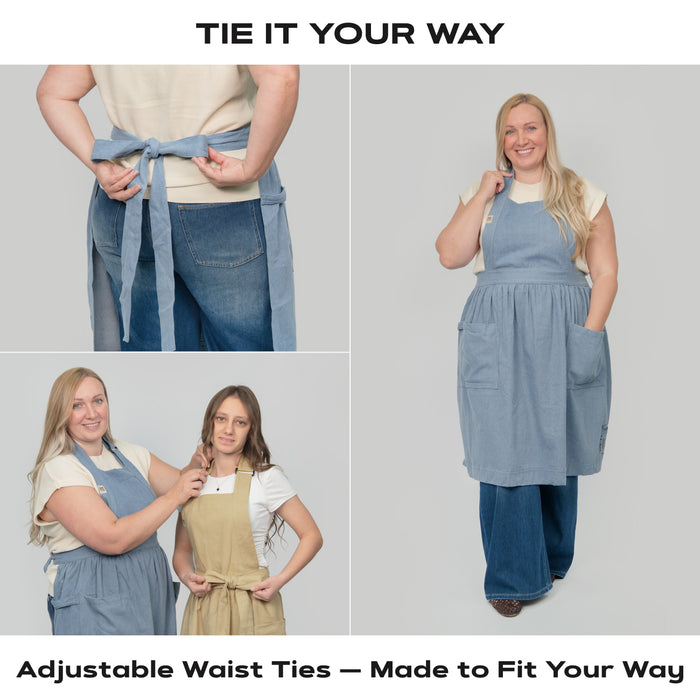 Apron — Adjustable Fit Cotton-Linen & Denim Apron with Pockets, One Size Fits Most, 5 Colors