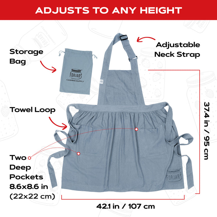 Apron — Adjustable Fit Cotton-Linen & Denim Apron with Pockets, One Size Fits Most, 5 Colors