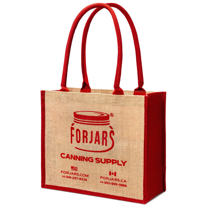 reusable jute shopping bag with sturdy red handles from ForJars